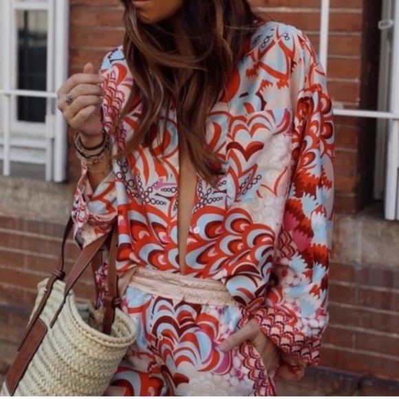 ZARA Satin Faux Silk Twill Red Pink Blue Paisley Scarf Print Button Up Shirt - Picture 2 of 10